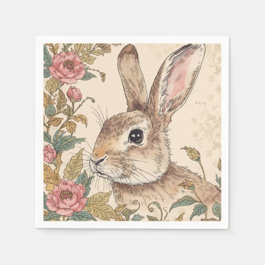 Vintage Rabbit, Cute Bunny Rabbit, Flowers Pattern スタンダードカクテルナプキン (正面)
