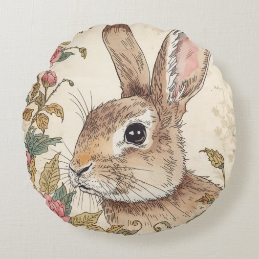 Vintage Rabbit, Cute Bunny Rabbit, Flowers Pattern ラウンドクッション (正面)