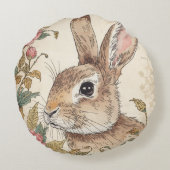 Vintage Rabbit, Cute Bunny Rabbit, Flowers Pattern ラウンドクッション (裏面)