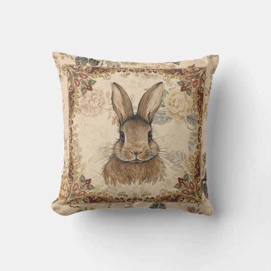 Vintage Rabbit,Cute Rabbit with Flowers Pattern クッション (正面)