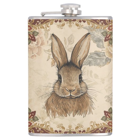 Vintage Rabbit,Cute Rabbit with Flowers Pattern  フラスク (正面)