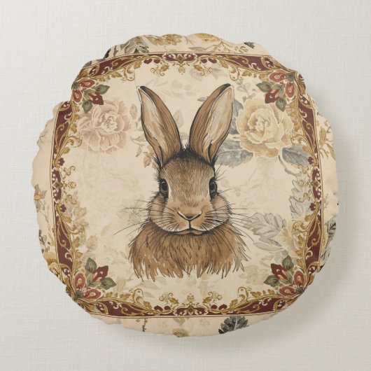 Vintage Rabbit,Cute Rabbit with Flowers Pattern ラウンドクッション (正面)