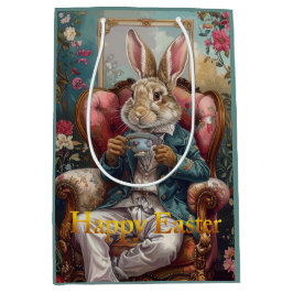 Vintage rabbit Drinking Tea Happy Easter ミディアムペーパーバッグ