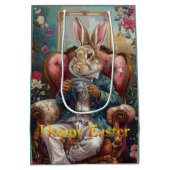 Vintage rabbit Drinking Tea Happy Easter ミディアムペーパーバッグ (裏面)