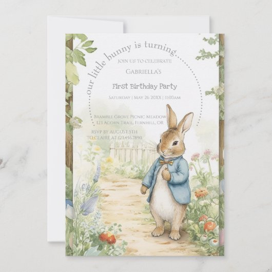 Vintage Rabbit Garden 1st Birthday 招待状 (正面)