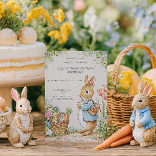 Vintage Rabbit Garden 1st Birthday 招待状