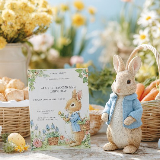 Vintage Rabbit Garden 1st Birthday 招待状