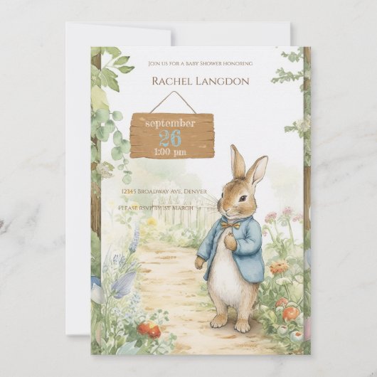 Vintage Rabbit Garden Baby Shower 招待状 (正面)
