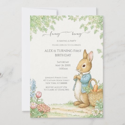 Vintage Rabbit Garden Birthday 招待状 (正面)