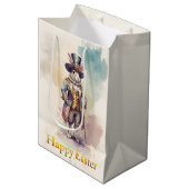 Vintage rabbit top hat Happy Easter ミディアムペーパーバッグ (正面アングル)