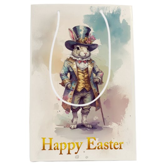 Vintage rabbit top hat Happy Easter ミディアムペーパーバッグ (正面)