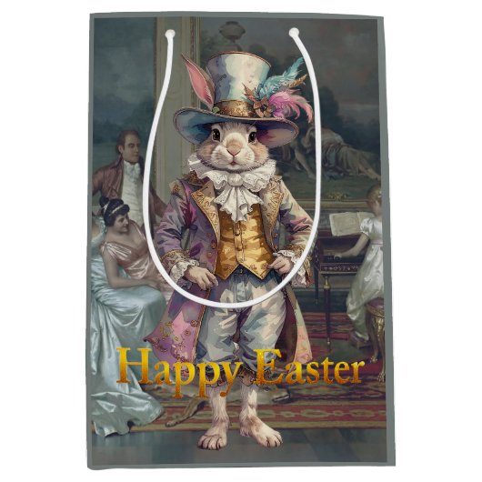 Vintage rabbit top hat Happy Easter ミディアムペーパーバッグ (正面)