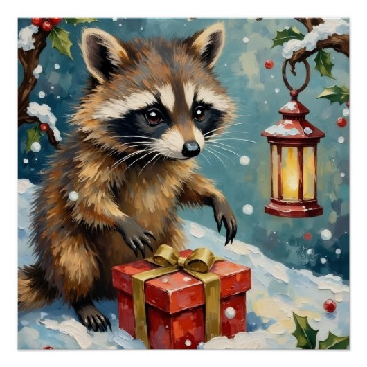 Vintage Raccoon Opening Christmas Gift Box Art ポスター (正面)