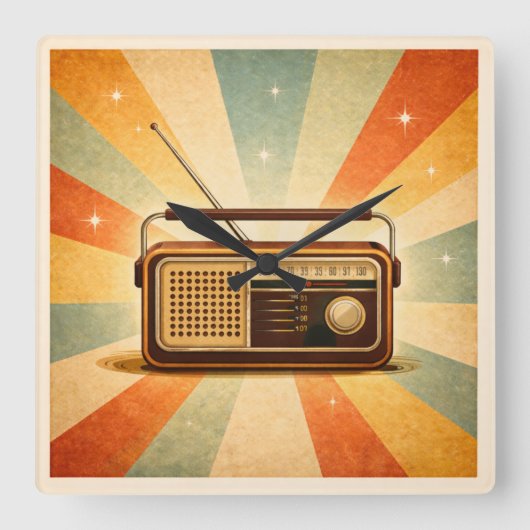 Vintage Radio Retro Sunburst Wall Clock スクエア壁時計 (正面)