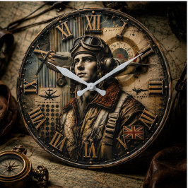 Vintage RAF Pilot British WWII Aviation Decor ラージ壁時計