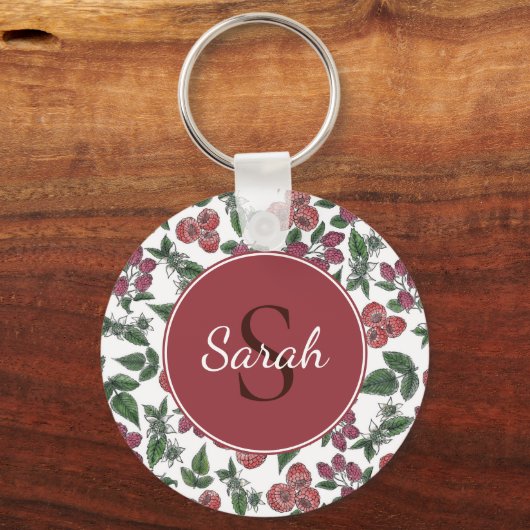 Vintage Raspberry Leaves Illustration Personalised キーホルダー (正面)