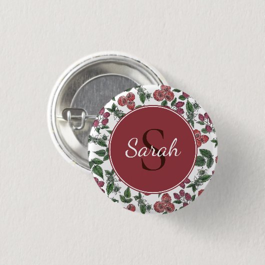 Vintage Raspberry Leaves Illustration Personalised 缶バッジ (正面&裏面)