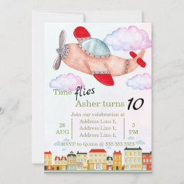 Vintage Red Airplane with Watercolor Clouds & City 招待状