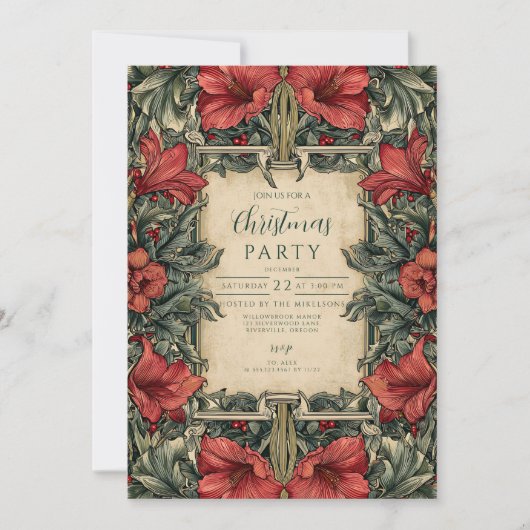 Vintage Red Amaryllis Botanical Christmas 招待状 (正面)