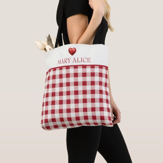 Vintage Red and Cream Gingham With Heart トートバッグ (クローズアップ)