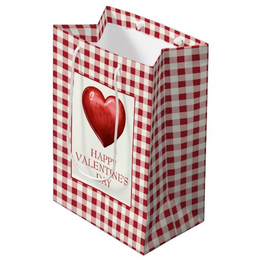 Vintage Red and Cream Gingham With Heart ミディアムペーパーバッグ (正面アングル)