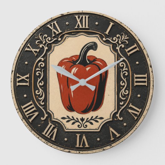 Vintage Red Bell Pepper Farmhouse Kitchen ラージ壁時計 (正面)