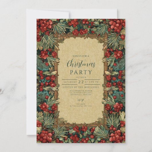 Vintage Red Berries Botanical Christmas 招待状 (正面)
