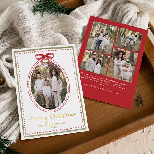 Vintage Red Bow Christmas 5 Photo 箔シーズンカード