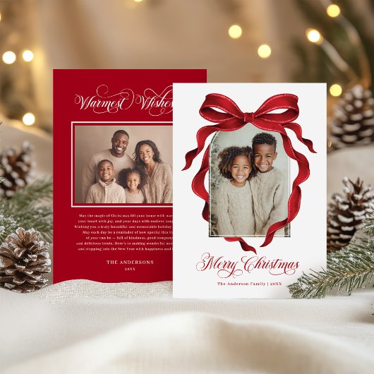 Vintage Red Bow Custom Photo Christmas Holiday シーズンカード