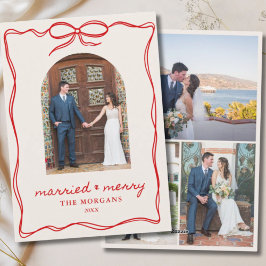 Vintage Red Bow Married & Merry 4 Photo Wedding シーズンカード