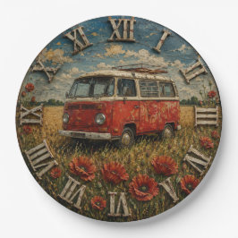 Vintage Red Camper Van Poppy Field ペーパープレート