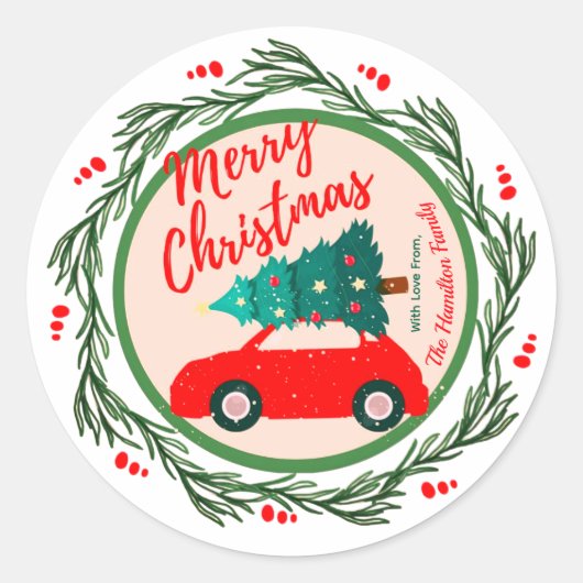 Vintage Red Car Merry Christmas Personalised Name  ラウンドシール (正面)