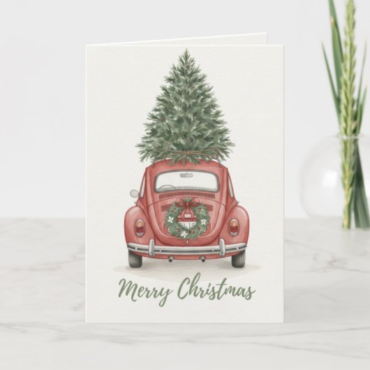 Vintage Red Car with Christmas Tree Card カード (正面)
