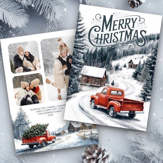 Vintage Red Christmas Truck 3 Photo Collage シーズンカード