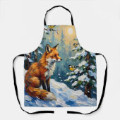 Vintage Red Fox and Chickadees Christmas Painting エプロン (正面)