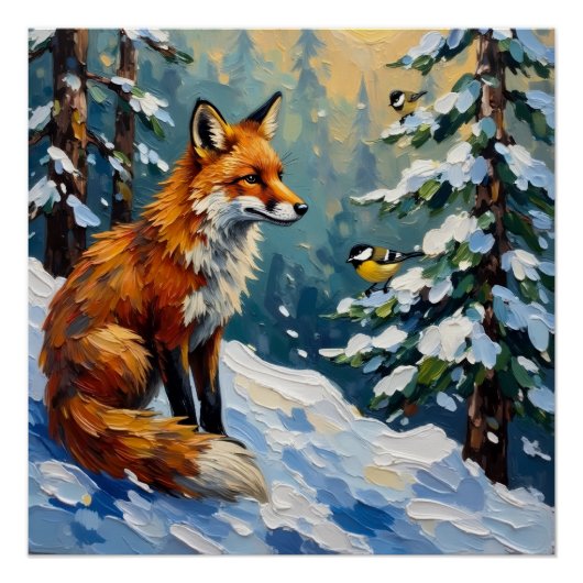 Vintage Red Fox and Chickadees Christmas Painting ポスター (正面)