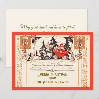 Vintage Red Gold Christmas Greetings Carriage Snow シーズンカード