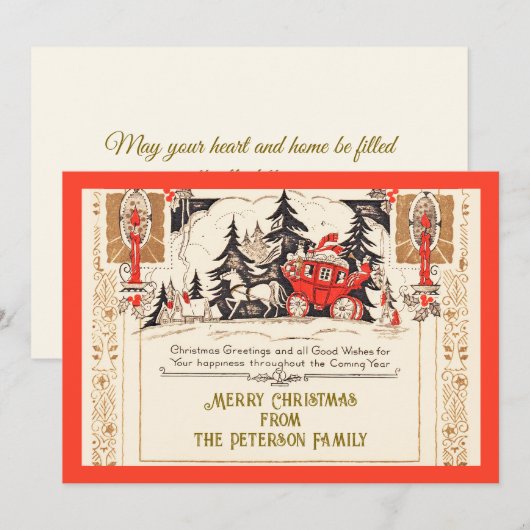 Vintage Red Gold Christmas Greetings Carriage Snow シーズンカード (正面/裏面)