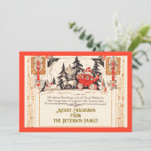 Vintage Red Gold Christmas Greetings Carriage Snow シーズンカード (スタンド正面)