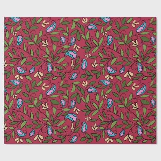 Vintage Red Paisley & Leaf Botanical Wrapping ラッピングペーパー (フラット)
