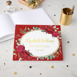 Vintage Red Peonies Floral Butterflies Birthday ゲストブック