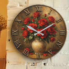 Vintage Red Rose Bouquet Elegant Floral Cottage ラージ壁時計