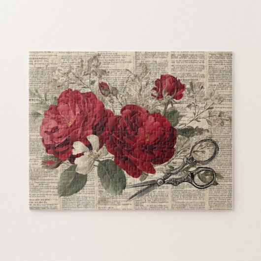 Vintage Red Rose & Scissors Botanical Collage ジグソーパズル (横)