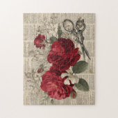Vintage Red Rose & Scissors Botanical Collage ジグソーパズル (縦)