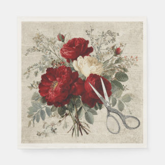Vintage Red Rose & Scissors Botanical Collage スタンダードランチョンナプキン