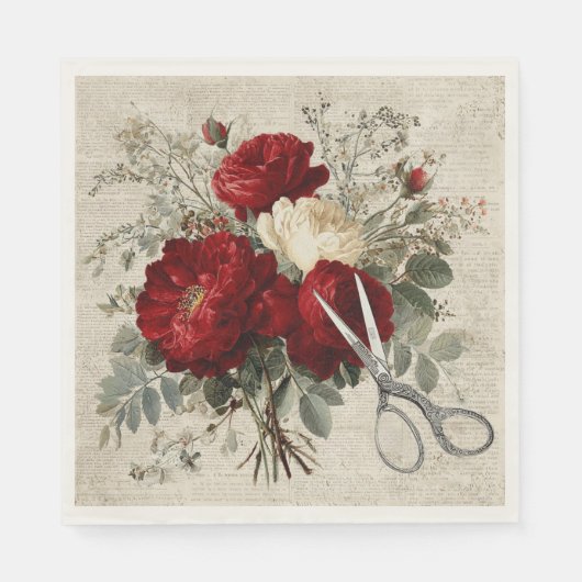 Vintage Red Rose & Scissors Botanical Collage スタンダードランチョンナプキン (正面)