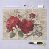 Vintage Red Rose & Scissors Botanical Collage 薄葉紙 (クラフト)