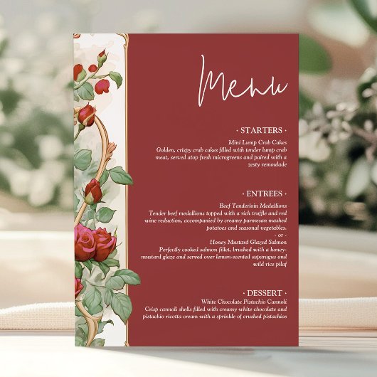 Vintage Red Rose Wedding Reception Dinner Card メニュー