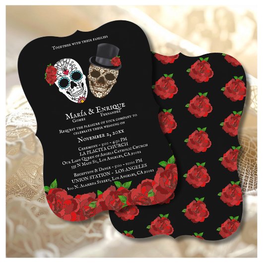 Vintage Red Roses Sugar Skulls Wedding 招待状