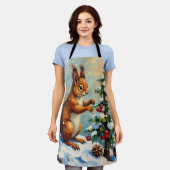 Vintage Red Squirrel Pine Tree Christmas エプロン (着用した状態)